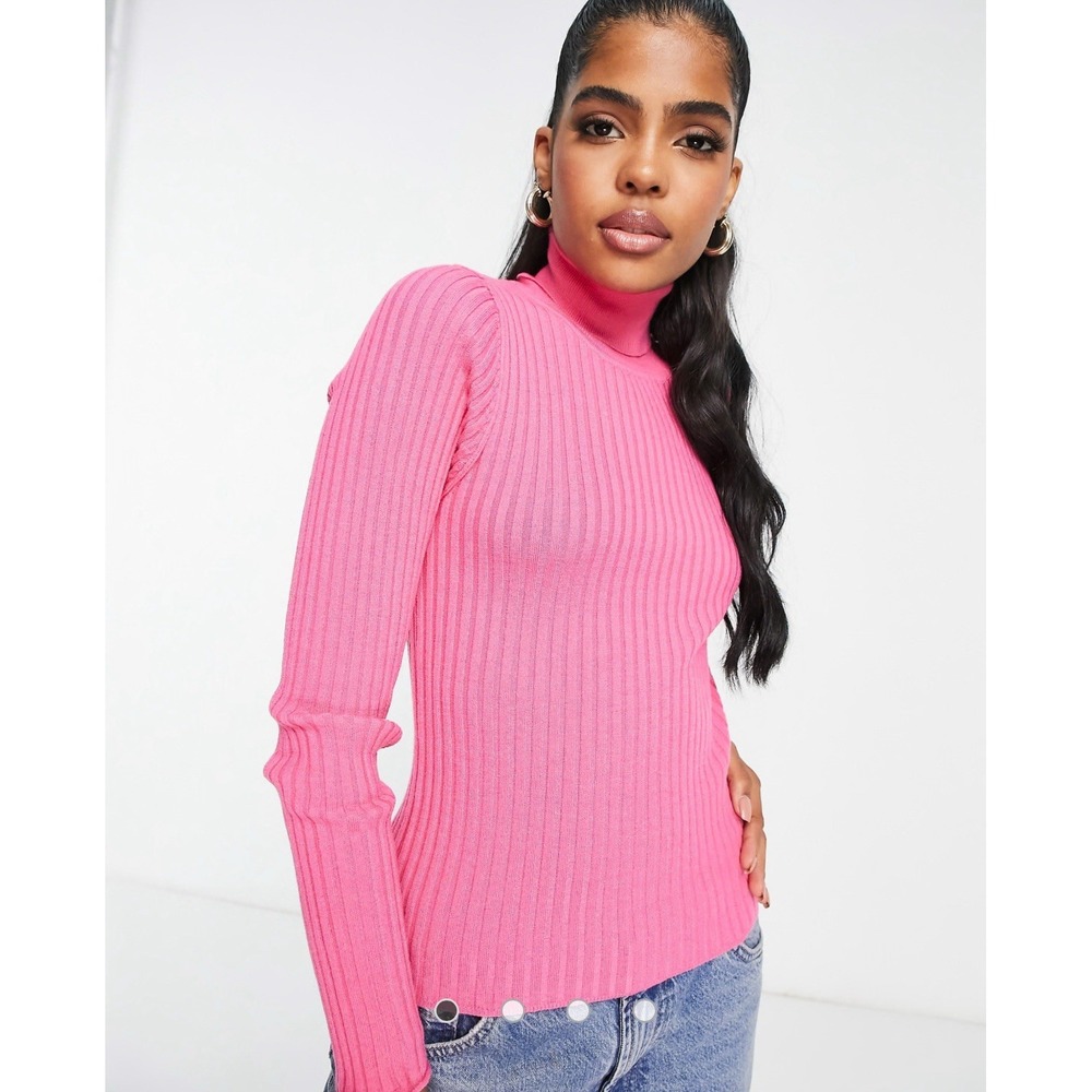 Madison Grey Sweater Sz M Ribbed Knit Turtleneck Long Sleeve Barbie Pink Tunic